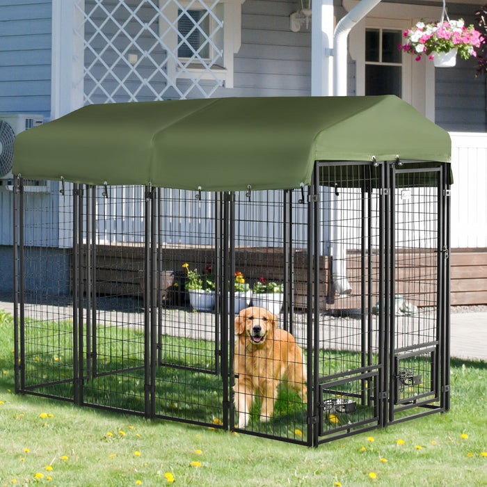 Pawhut Outdoor Dog Kennel, Lockable Pet Playpen Crate, Welded Wire Steel Fence, With Water-, Uv-resi
