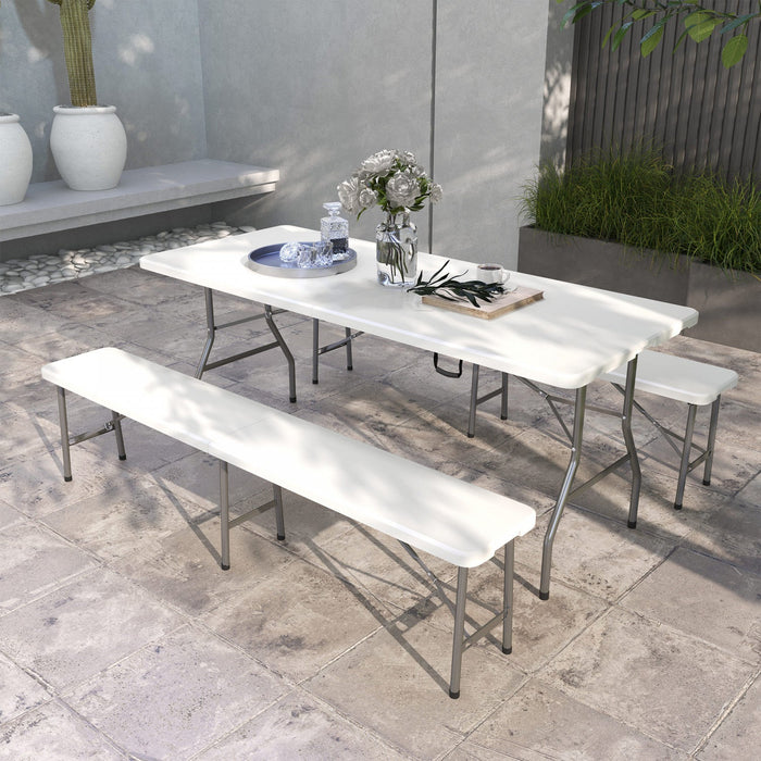 Outsunny Hdpe Picnic Table Set With Beer Table & 2 Benches For 6, White