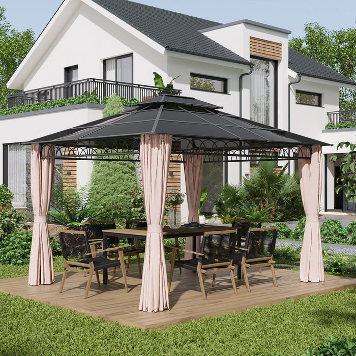 Outsunny 10' X 12' Double roof Hardtop Gazebo With Nettings curtains Khaki