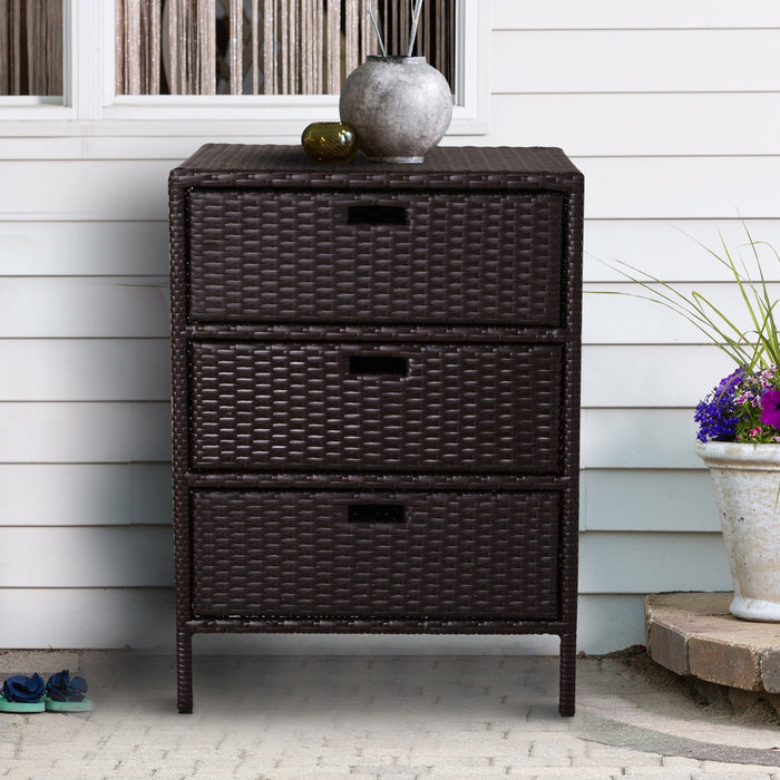 Outsunny 32\" Poolside Rattan Wicker Patio Organizer Storage Cabinet Bathroom Storage W/ 3 Large Draw