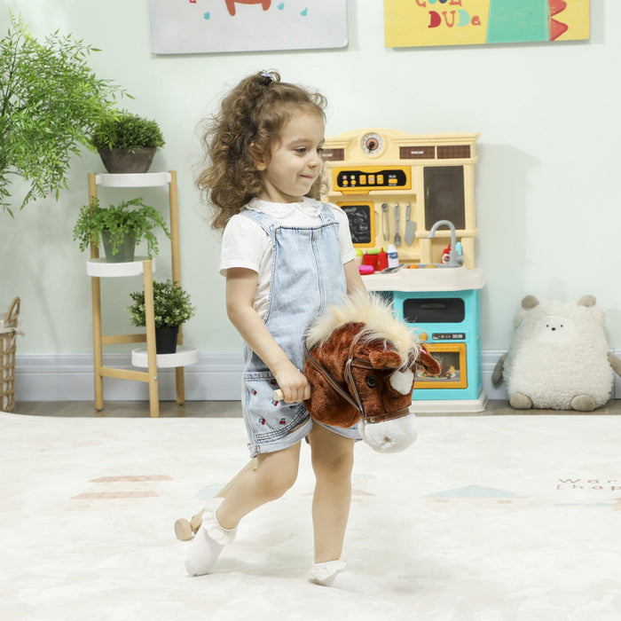 Qaba Stick Horse, Plush Handcrafted Hobby Horse with Wood Wheels, Real Pony Neighing and Galloping Sounds, for Kids, Toddlers Pretend Play, Brown