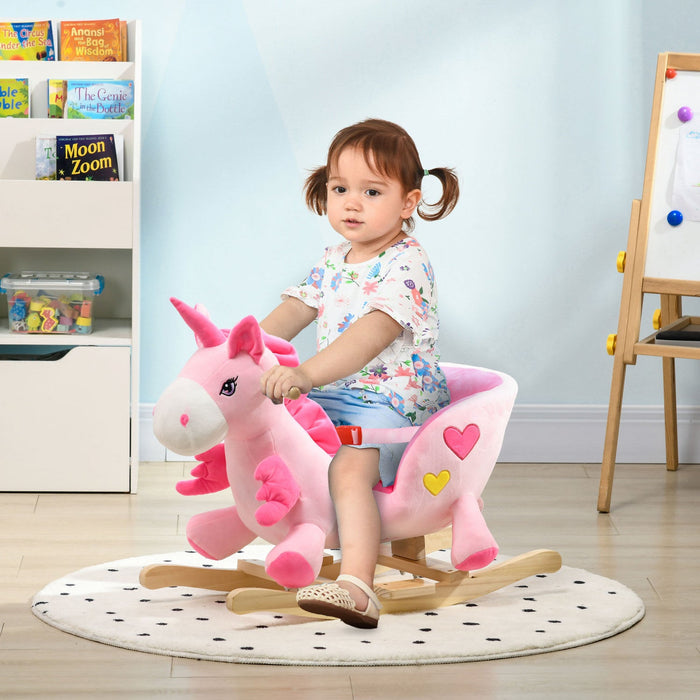 Qaba Baby Rocking Horse Ride On Unicorn With Songs, Toddler Rocker Toy With Wooden Base Seat Safety 