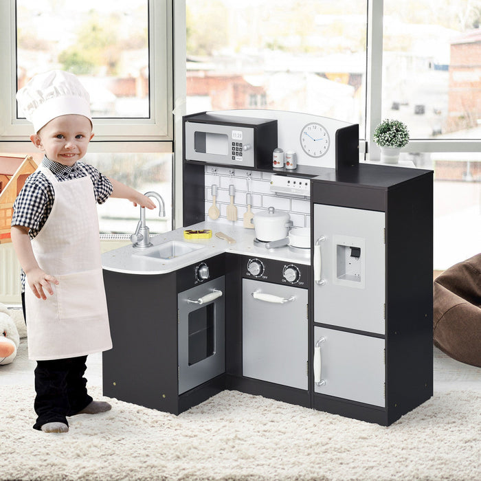Qaba Kids Kitchen Play Cooking Toy Set For Children With Drinking Fountain, Microwave, And Fri - Black