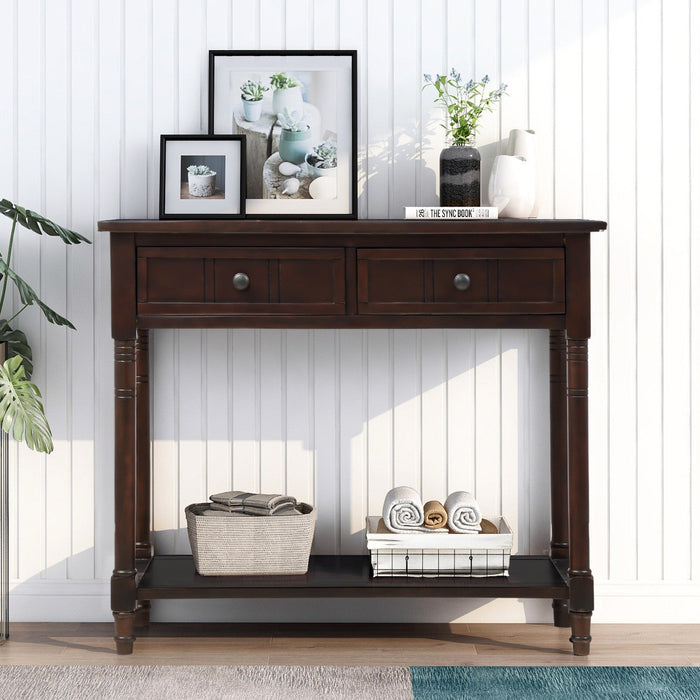 Jeremy Solid Wood Traditional Console Table With Drawers And Shelf - Espresso 