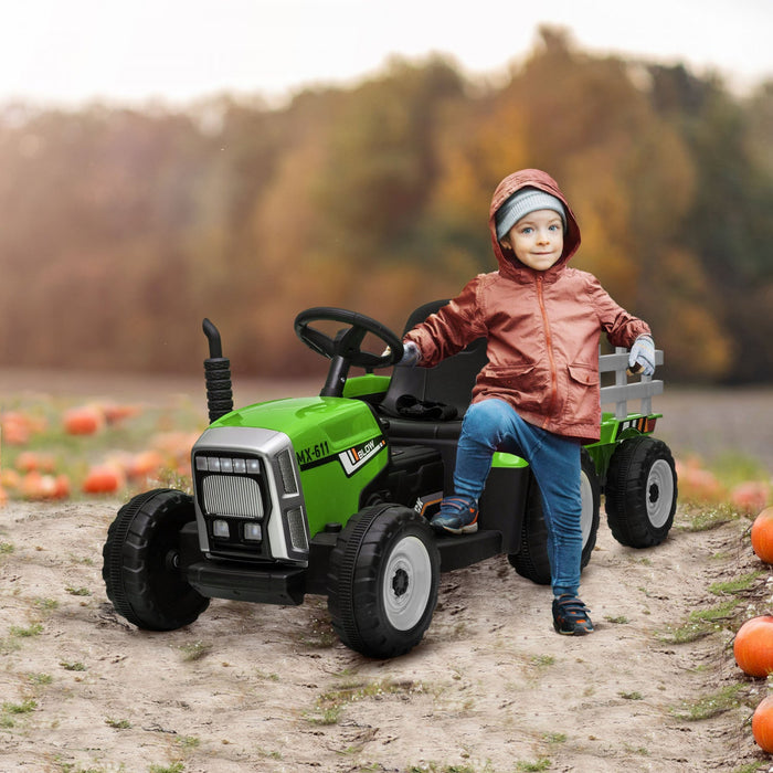 Aosom 12v Kids Powered Ride-On Tractor With Trailer, Battery Powered Electric Tractor With Remote Co