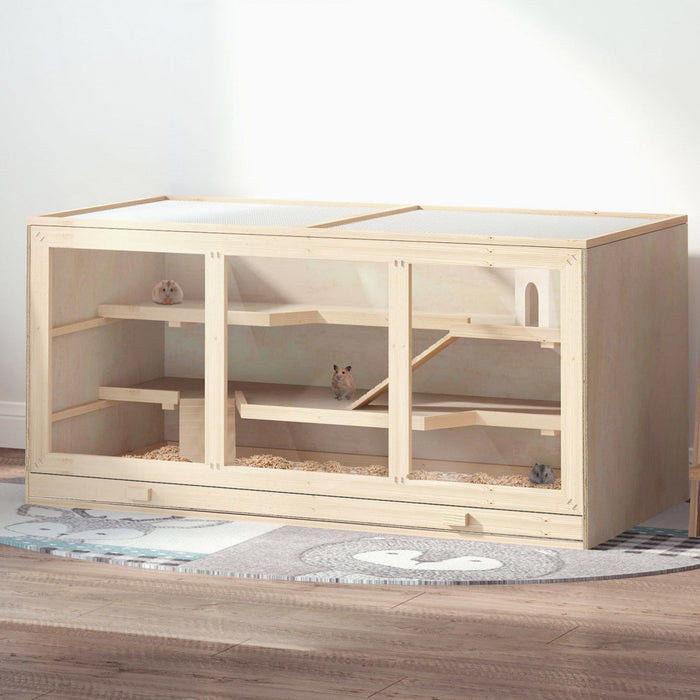 Pawhut Wooden Hamster Cage, Mouse Mice Rat Cage Small Animal Cage, 3 Tier Exercise Play House With S