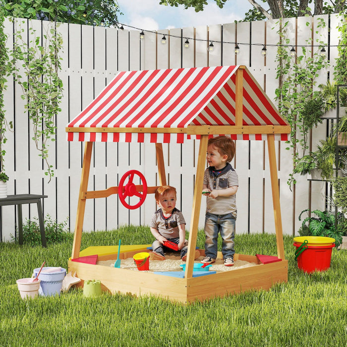 Qaba Kids Sandbox with Cover, 4 Seats, Boat Wooden Sand Pit with Rudder, Deck, Bottom Liner, Outdoor Sand Box for Backyard, Garden, Beach, 52" x 40" x 55.5", for Ages 3-8, Yellow