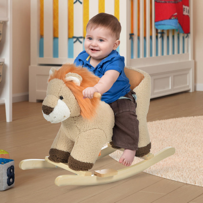 Qaba Baby Rocking Horse Lion Design Plush Stuffed Rocking Chair, Wooden Rocking Horse With Sound, Se
