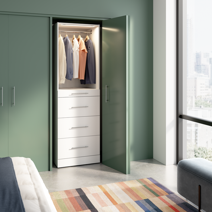 Bestar Florence 25\" Modular Reach-In/Walk-In Closet System Tower with LED Light, Shelves and 4 Drawe