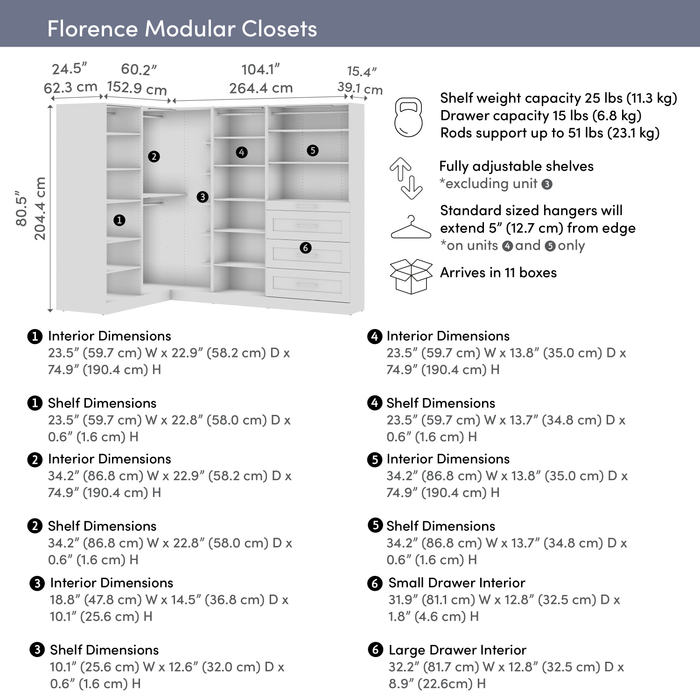 Bestar Florence 105\" Modular L-Shaped Walk-In Closet System with LED Lights, Rods, Shelves and Drawe