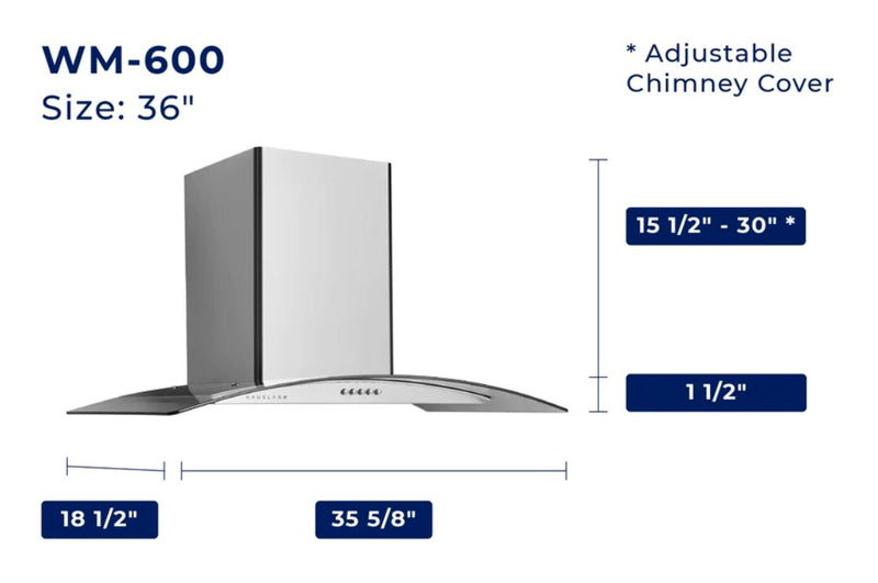 Hauslane 36\" Glass Canopy Wall Mount Range Hood - WM-600SS-36