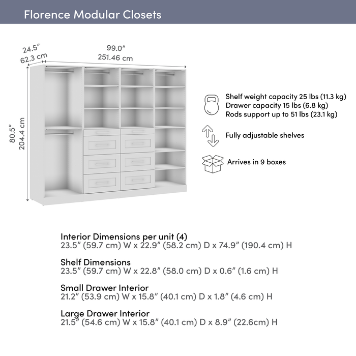 Bestar Florence 100\" Modular Reach-In/Walk-In Closet System with LED Lights, Rods, Shelves and Drawe