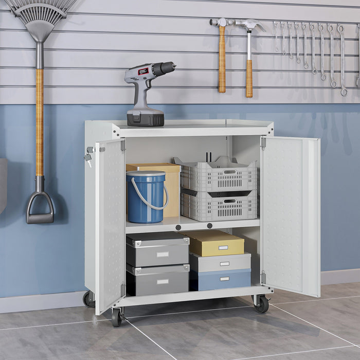 Manhattan Comfort Fortress Textured Metal 31.5\" Garage Mobile Cabinet with 2 Adjustable Shelves - White