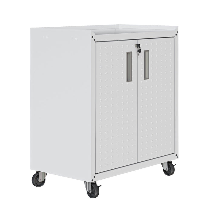 Manhattan Comfort Fortress Textured Metal 31.5\" Garage Mobile Cabinet with 2 Adjustable Shelves - White