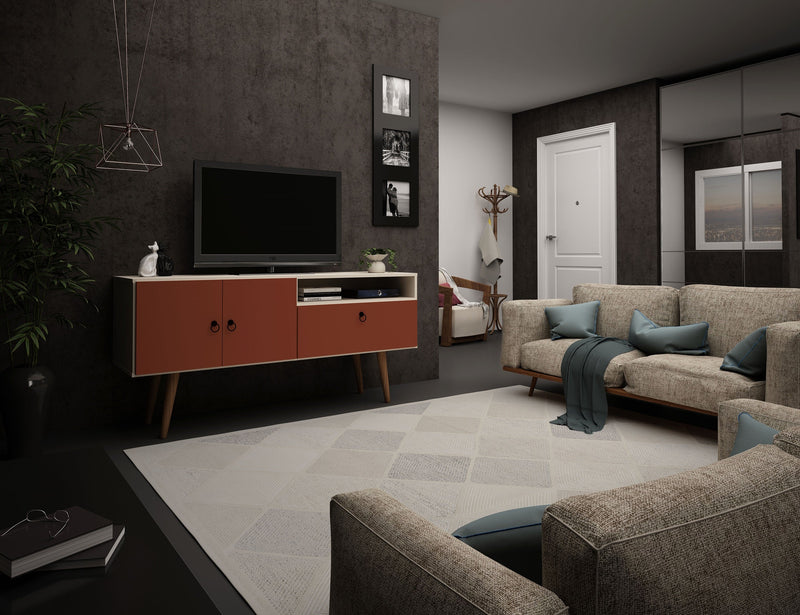 Manhattan Comfort Tribeca 53.94\" Mid-Century Modern TV Stand with Solid Wood Legs - Off White & Terr