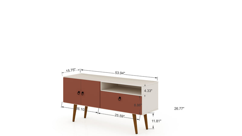Manhattan Comfort Tribeca 53.94\" Mid-Century Modern TV Stand with Solid Wood Legs - Off White & Terr