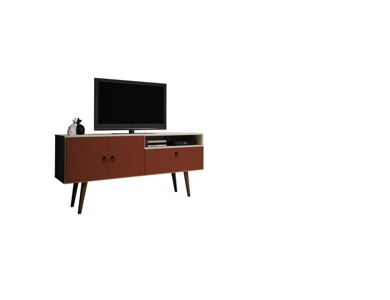Manhattan Comfort Tribeca 53.94\" Mid-Century Modern TV Stand with Solid Wood Legs - Off White & Terr