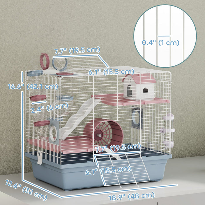 PawHut Hamster Cage, 3-Level Small Animal House with Excerise Wheel, Food Bowl, Water Bottle, House, Tunnels, Ramps, Gerbil Cage for Dwarf Hamster, 19" x 13" x 17", Blue