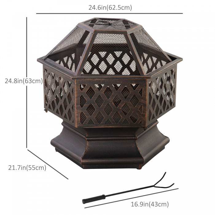 Outsunny Outdoor Fire Pit With Mesh Lid, Portable Wood Burning Firebowl With Poker For Patio, Backya
