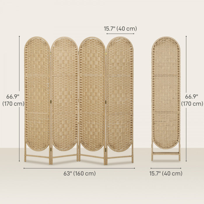 HOMCOM 4 Panel Room Divider, Bohemian Folding Privacy Screen, Natural Wood