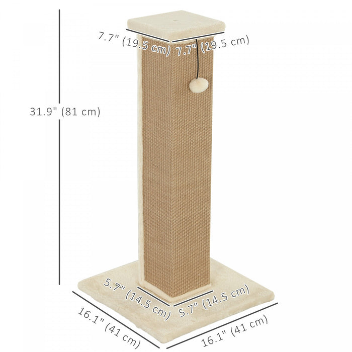 Pawhut 32" Tall Cat Scratching Post For Indoor Cats And Kittens, Vertical Claw Scratcher, Sisal Cat Scratcher With Hanging Ball And Soft Plush, Beige