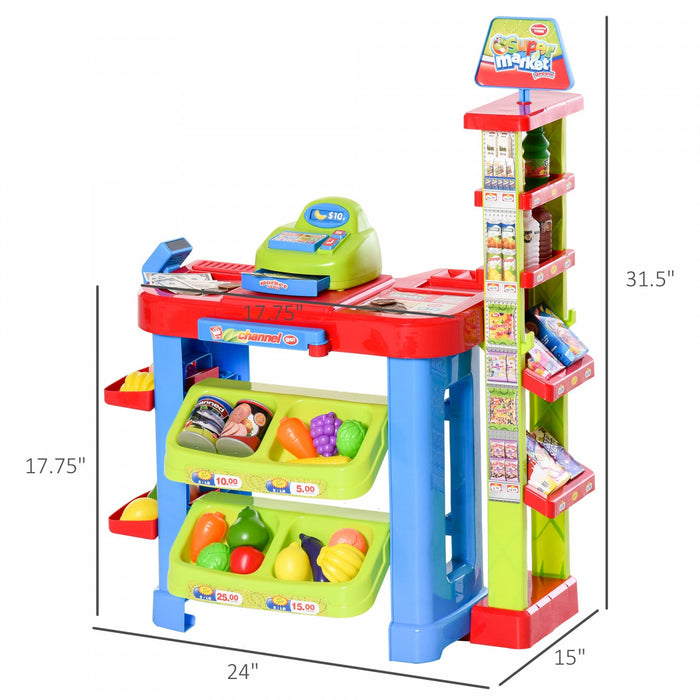 Qaba Supermarket Playset For Kids, 50 Grocery Store Toys, Pretend Play Toy With Food, Check-out Coun