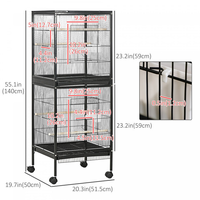 Pawhut 55.1\" 2 In 1 Bird Cage Aviary Parakeet House For Finches, Budgies With Wheels, Slide-out Tray