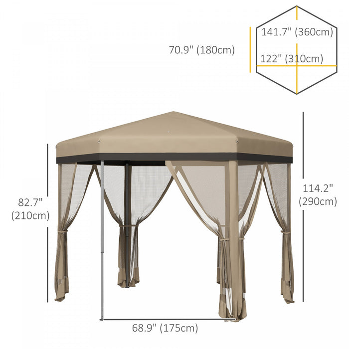Outsunny 12x12 Pop Up Canopy Tent, Hexagon Gazebo With Mosquito Netting, Carry Bag, Stakes, Ropes, H