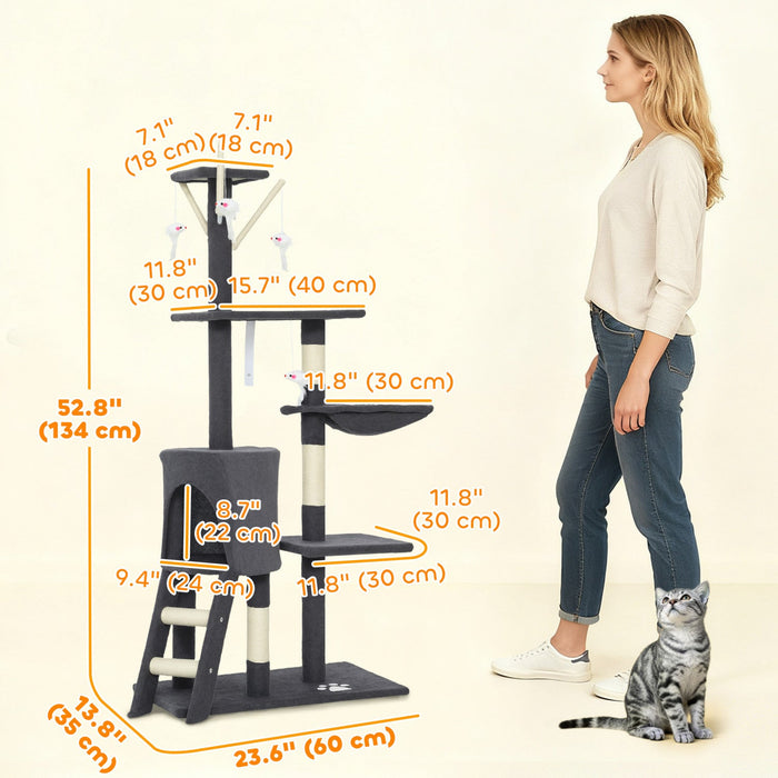 PawHut Cat Tree, 53" Cat Tower for Indoor Kittens with Sisal Scratching Posts, Plush Perches, Condo, Hammock, Ladder, Dangling Toys, Multi-Level Kitty Activity Centre, Dark Grey