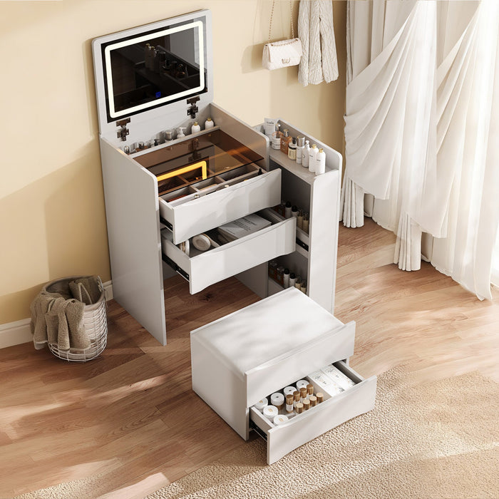 Sophia 3-in-1 Flip Mirror Vanity Table Set with LED Lights and Storage,White Mirror Cabinet  
