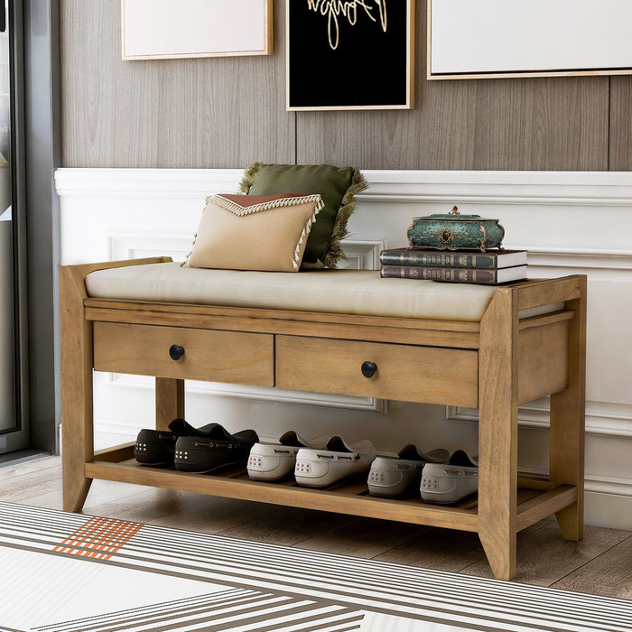 Stephanie Pine Wood Shoe Rack Bench With Cushioned Seat With Storage Drawers - Old Pine 