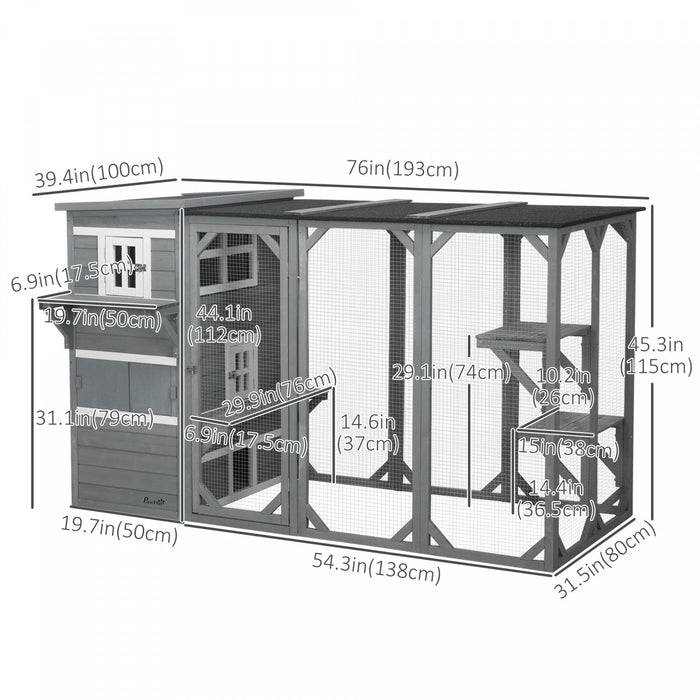 Pawhut Wooden Cat Catio, 76\"l Walk In Outdoor Cat House With Asphalt Roof, Platforms, Lockable Doors