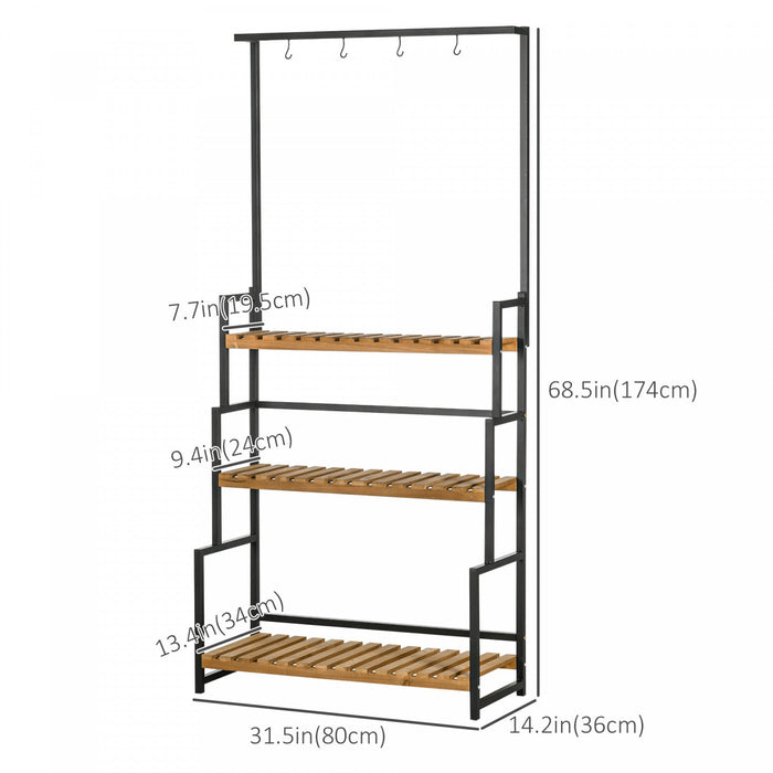 Outsunny 3 Tiered Plant Stand With Hanging Hooks And Metal Frame, Tall Plant Shelf Flower Pot Holder