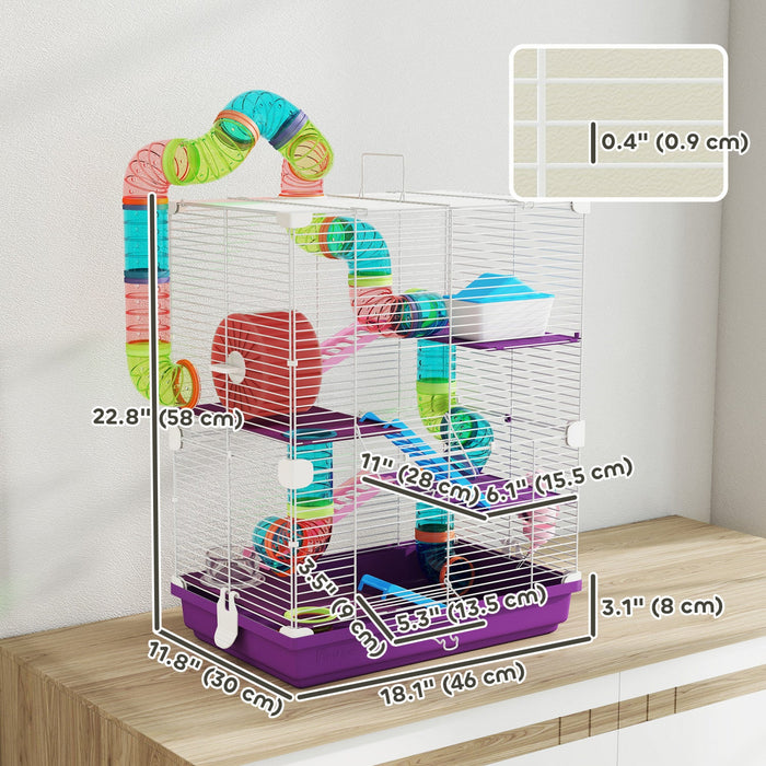 PawHut 5 Tiers Hamster Cage Portable Animal Travel Carrier Habitat with Exercise Wheels Play Tube Water Bottle Dishes House Ladder for Gerbils, Purple