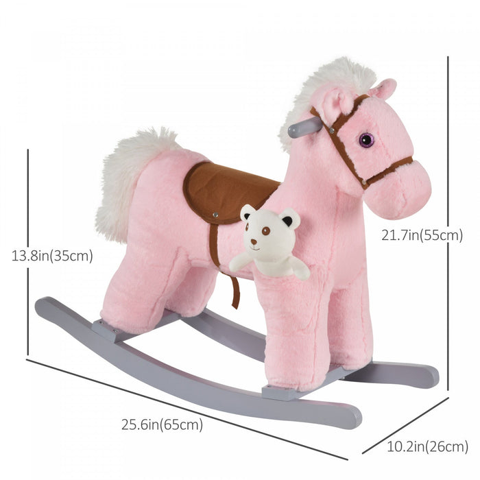 Qaba Kids Plush Ride-on Rocking Horse With Bear Toy, Children Chair With Soft Plush Toy & Fun Realis