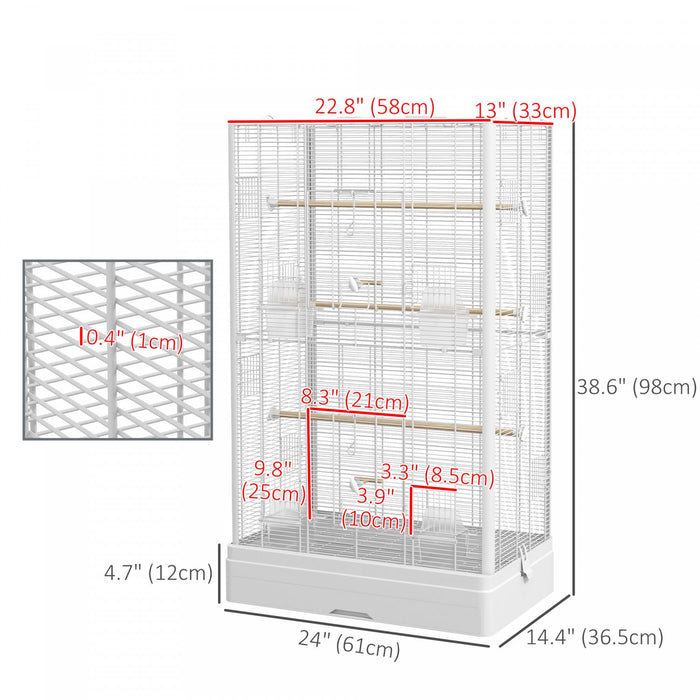 Pawhut 39" Bird Cage For Budgie, Finches, Canaries, Love Birds, Large Parrot Cage With Wooden Stands, Slide-out Tray, Handles, Food Containers, White