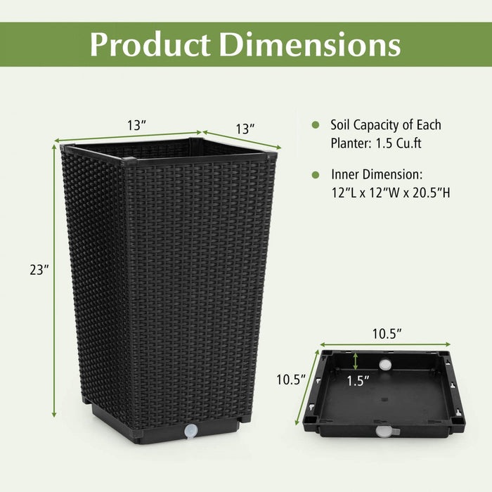 Costway 23" Tall Planters Set Of 2 Rattan Wicker Plant Pot Self-watering Tree Pot Black