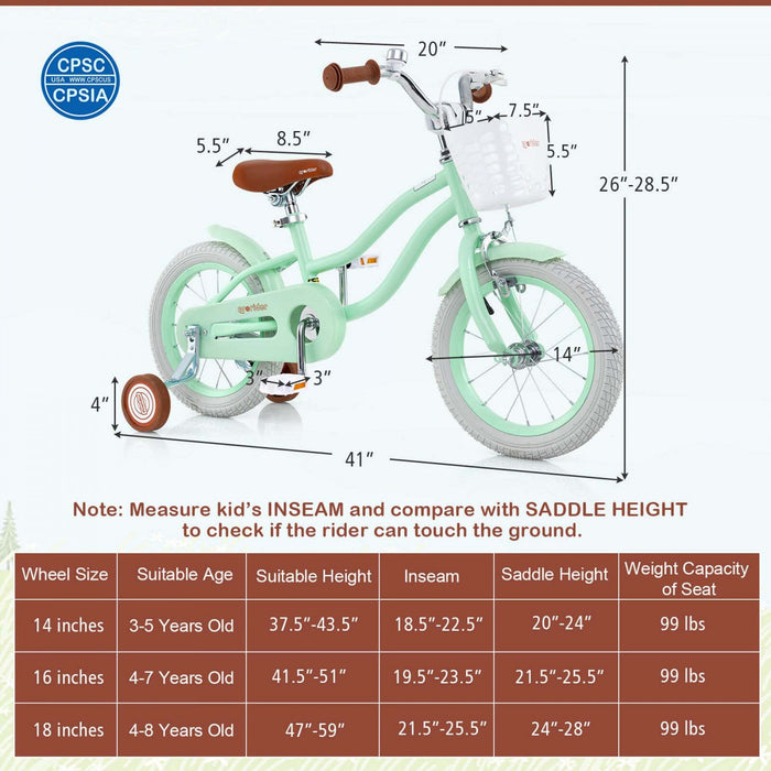 Prorider 14" Kid's Bike With Removable Training Wheels & Basket For 3-5 Years Old Green