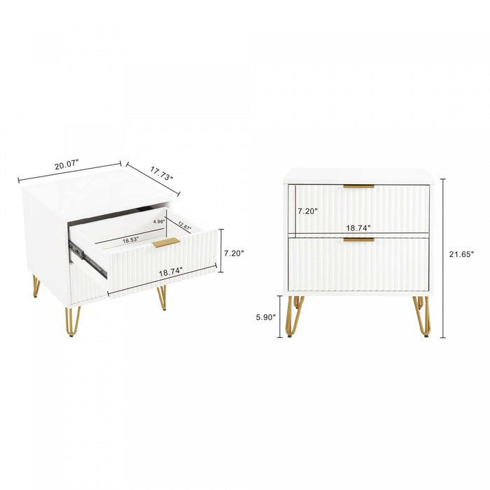 Dumbo Modern 20\" Fluted Nightstand in White (2-Drawer) 