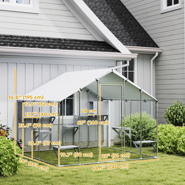 Pawhut 94.5" Extra Large Catio Outdoor Cat Enclosure, Walk In Cat Cage With Waterproof Cover, 2 Resting Boxes, 7 Platforms, Metal Chicken Run Hen House Rabbit Hutch For Outside