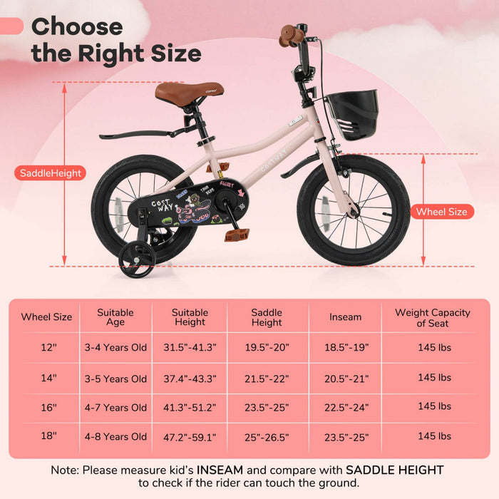 Costway 14" Kid's Bike With Training Wheels Adjustable Handlebar & Seat Handbrake Pink