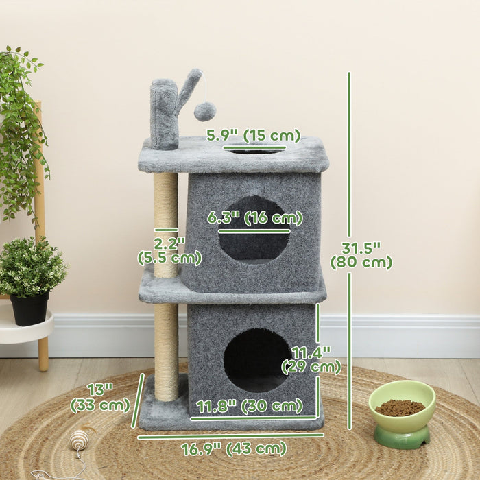 Pawhut Cat Tree, 31.5" Multi-level Cat Tower For Indoor Kittens With 2 Door Condos, Removable Toy Ball, Sisal Scratching Posts, Plush Platform, For 1-2 Kittens, Grey