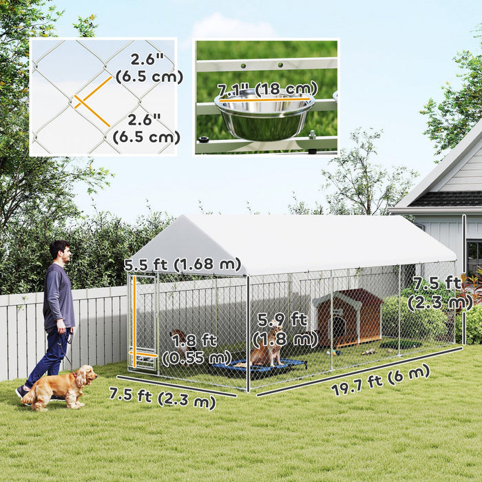 Pawhut Outdoor Dog Kennel With Roof, Heavy Duty Dog Run Outdoor Fence Cage With Adjustable & Rotating Bowls, Waterproof Uv-resistant Cover, Secure Lock, 19.7' X 7.5' X 7.5'