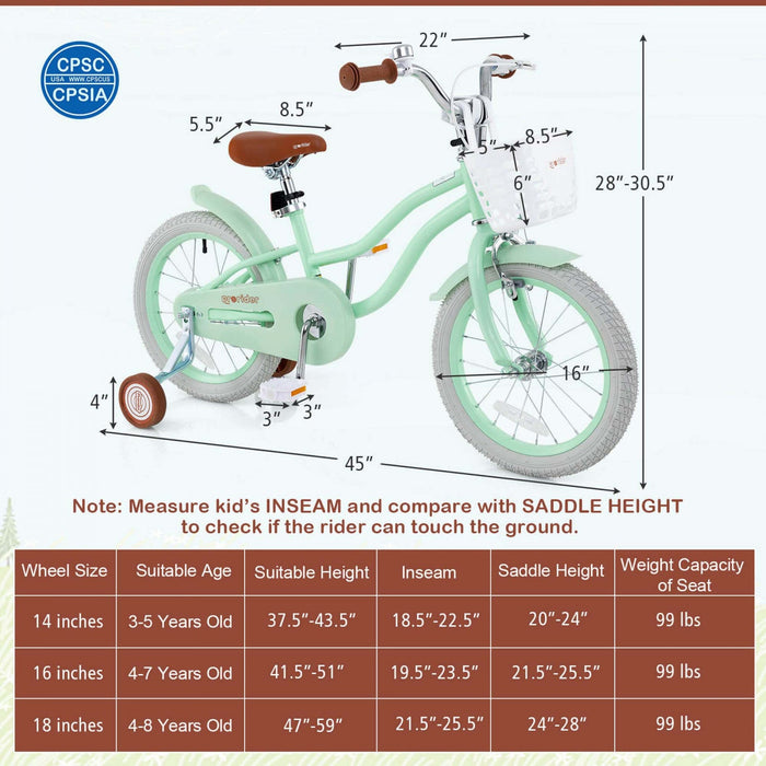 Prorider 16" Kids Bike Toddler Adjustable Bicycle With Training Wheel For 4-7 Years Old Girl Green