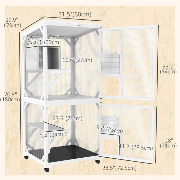 Pawhut 71" H Large Catio Outdoor Cat Enclosure, Wooden Kitten House For Patio, Elevated Design With Wheels, Resting Box, Water-resistant, Multi Platforms, For 1-3 Cats, White