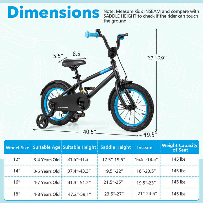 Costway 14" Kids Bike With Adjustable Saddle Handlebar Removable Training Wheels Handbrake Black