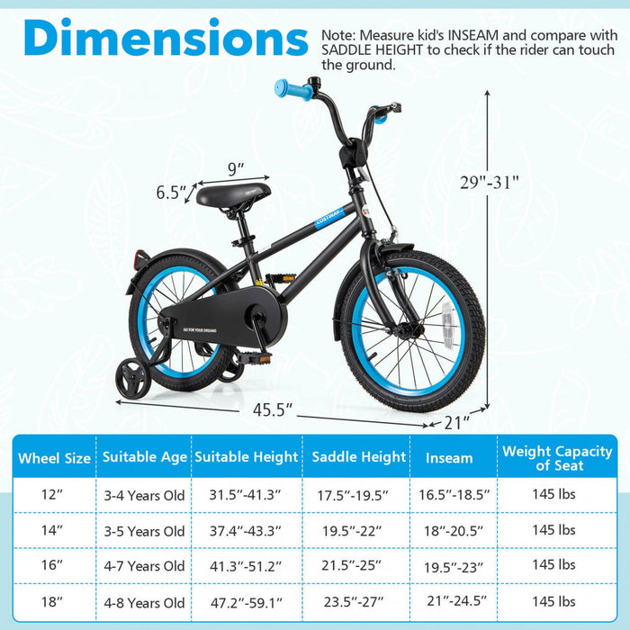 Costway 16" Kids Bike With Adjustable Saddle Handlebar Removable Training Wheels Handbrake Black