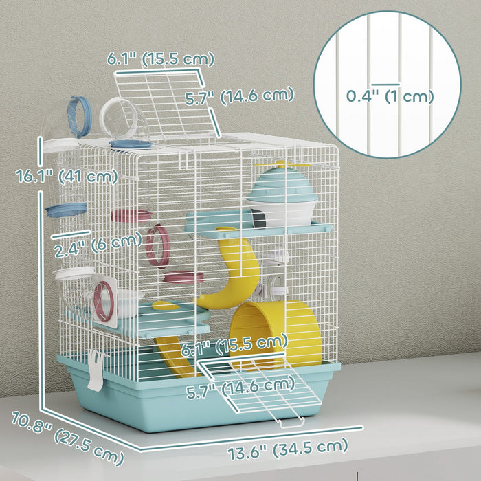 PawHut Hamster Cage, 3-Level Small Animal House with Excerise Wheel, Food Bowl, Water Bottle, House, Tunnels, Ramps, Gerbil Cage for Dwarf Hamster, 14" x 11" x 16", Blue