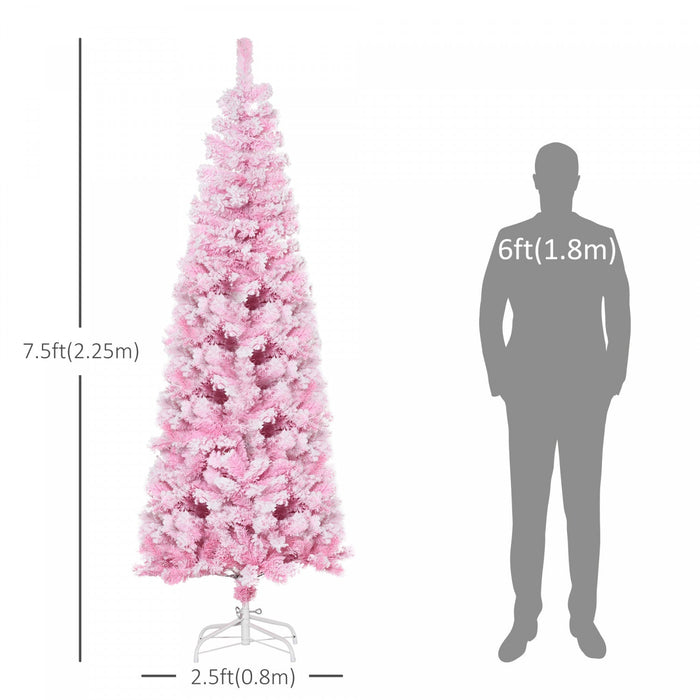 Homcom Snow Flocked Pencil Artificial Christmas Tree With Steel Base Pink