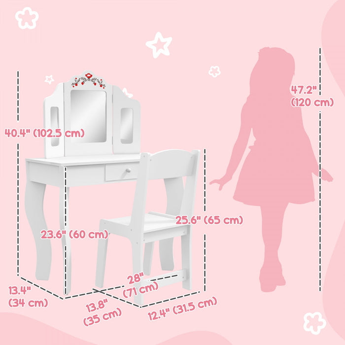 Qaba Kids Vanity Set, Dual-use Dressing Table With Removable Tri-folding Mirror, Makeup Table With S